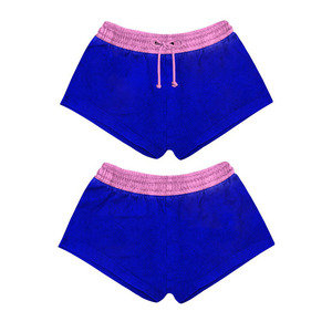 Shorts de Felpa de Algodón y Poliéster Premium, Color Azul con Cintura Rosa, Logotipo Personalizado Impreso y Bordado, Shorts para Mujer - Product Image 1
