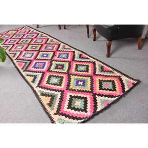 Tapis en laine rose Kilim 3.3 x 11.1ft tissage plat turc en peluche 9x12 motif de couloir pour les décorations de salon soutenu avec du latex - Product Image 1