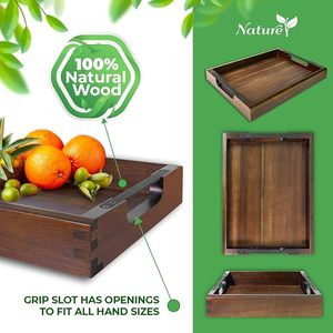 Plateau de service en bois d'acacia rustique écologique fait à la main Poignées en métal Design élégant Grand style ottoman pour la vaisselle Décoration de la maison Nourriture - Product Image 4