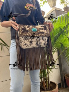 Real Cowhide Leather Fringe Handbag Turquoise Stone Sling Bag Multi Uses Stylish Bags Bohemian Stylish Tassel Fringe Bag - Product Image 2