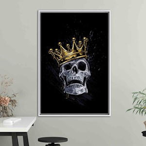 Décoration sur toile imprimée Skull King noir et or - Œuvre d'art abstraite moderne, encadrée en blanc - Product Image 1