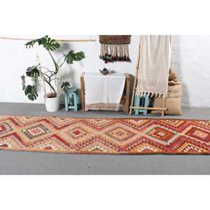 2.8x12 ft Rug, <b>Runner</b> Turkish Rug, <b>Red</b> Kilim Abstract Rug - Product Image 3