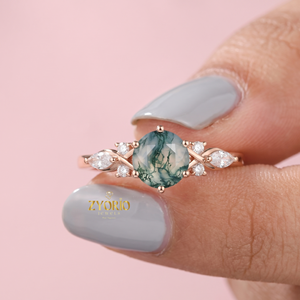 Anillo de Compromiso de Oro de 10K con Ágata Musgosa Verde Natural, Anillo con Detalle de Hoja y Diamantes, Anillo de Promesa Único para Mujer - Product Image 4