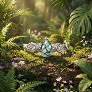 Bague de fiançailles plaquée or rose avec incrustation de feuille de Jeulia et agate mousse taille poire - Product Image 4