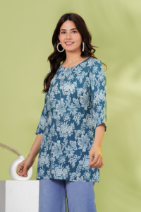 Kurta de Algodón con Estampado Floral Azul para Mujer, con Pantalones Palazzo, Corte Holgado, Estilo Informal, Largo Regular, para Todas las Temporadas, Estilo Indio - Product Image 3
