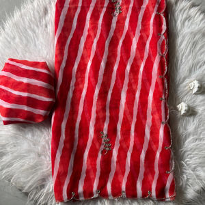 Sari de moda de Georgette suave con estampado genial por todas partes con borde de corte de diamante a mano perfecto para todas las ocasiones - Product Image 1