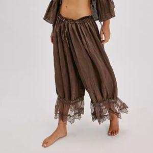 <b>Women's</b> Y2K Cropped Pants 100% Cotton High Waist <b>Floral</b> Lace Patchwork Calf-Length Lantern <b>Trousers</b> Drawstring Loose Fit Cute - Product Image 2