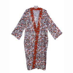 Orange Cotton <b>Kaftan</b> Kimono Robe V-Neck Loose Fit Nightgown Leaf Print Custom Design Belt Decorated ODM Supply Natural Waistline - Product Image 1