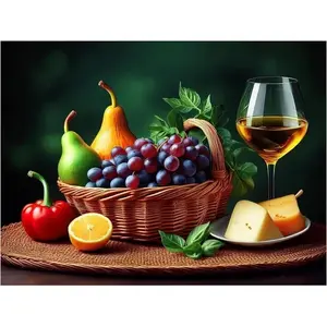 Cuisine Dosseret Mural Panier De Fruits Vin Fromage Nature Morte Marbre Carreaux De Céramique - Product Image 1