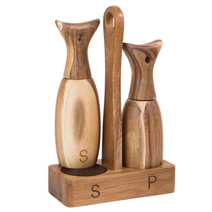 Juego de molinillo de sal y pimienta de madera ajustable, molinillo de especias de madera Natural de uso manual con bandeja para uso en la cocina - Product Image 6