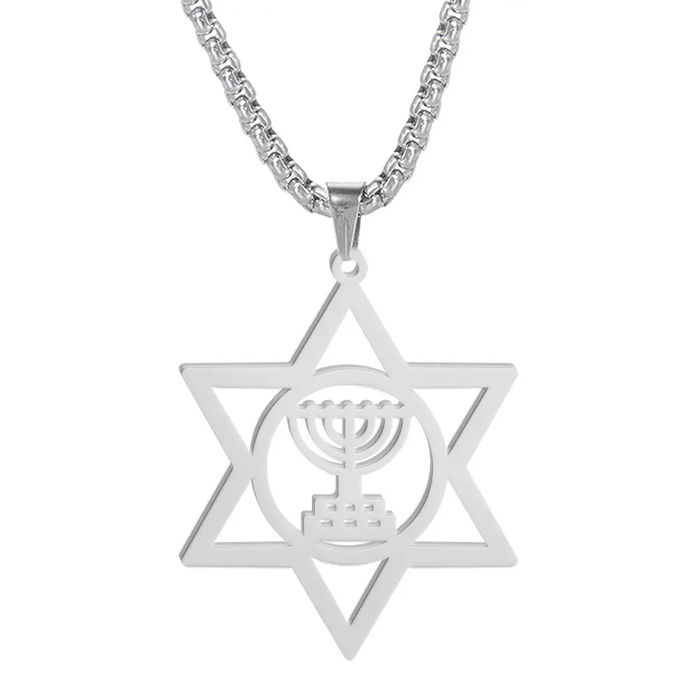 Paslanmaz çelik heksagram Menorah kolye İsrail moda takı