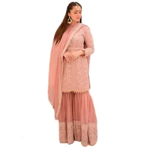 最新设计师婚纱重型乔其纱刺绣工作派对穿萨尔瓦套装巴基斯坦连衣裙待售巴基斯坦库尔蒂斯