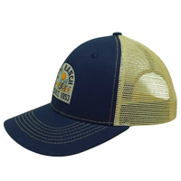 Casquette de camionneur personnalisée 6 panneaux, broderie tissée, bandes de couture imprimées en maille jaune bleu marine, boucle en plastique unique unisexe