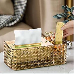 Porte-mouchoirs ovale en cristal doré, accents luxueux en perles et taille diamant, disponible à prix de gros. - Product Image 4