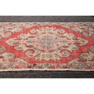 Vintage Eco-Friendly <b>Wool</b> Turkish Rug 4.3x7.3 ft (132x224 Cm) <b>Red</b> Patchwork with Latex Backing - Product Image 5