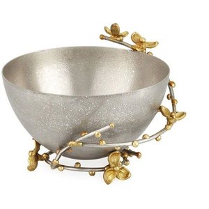 Tres cuencos de plata decorativos hechos de acero inoxidable de alta calidad con mango de hoja dorada para la decoración del servicio del restaurante - Product Image 4