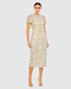 Elegante vestido de cóctel para mujer, transpirable, hasta la rodilla, noche, malla de poliéster, perlas bordadas, rebordear, característica antiestática para - Product Image 3