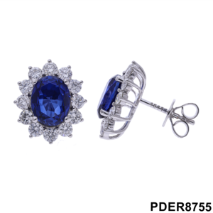 Luxurious 14K Gold Floral <b>Halo</b> <b>Earrings</b> with 2.4CTW Brilliant Cut Diamonds and Oval Sapphire Elegant Diamond <b>Earrings</b> - Product Image 2