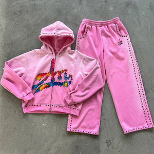 Conjunto Vintage personalizado para hombre, Sudadera con capucha y pantalones de algodón de rizo francés pesado con detalles de gemas de diamantes de imitación para ropa de calle y unisex - Product Image 1