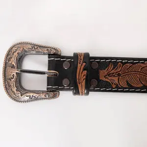 Cinturón vaquero de piel de vaca de grano completo, con cuentas occidentales, diseño tallado a mano, fabricante indio superior, superventas