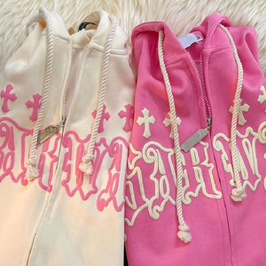 เสื้อฮู้ดดี้สตรีทแวร์สีชมพูแบบมีเชือกผูก ผ้าคอตตอน 100% ทรงหลวม ซิปหน้า พิมพ์ลายพัฟฟ์ น้ำหนัก 500 กรัม สำหรับผู้ชาย - Product Image 3