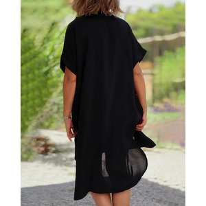 Robe mi-longue en viscose tissée pour femme, à manches courtes, col et boutons sur le côté, devant court et dos long, 35820 - Noir - Product Image 3