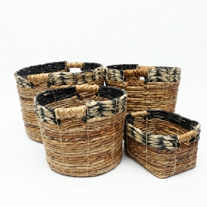 Natural Banana Bark Recycled <b>Plastic</b> Storage <b>Basket</b> Set Black Braided Rim Cutout Handle Pot Planter Organizer Setup Pure Art - Product Image 1