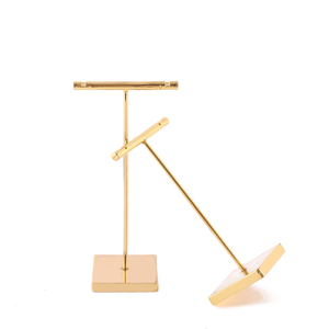 Metal & Wood T Shape Fashion Jewelry Display Stand With Brown Natural Wood Polish & Golden Plating Finishing Rectangular Base - Product Image 3