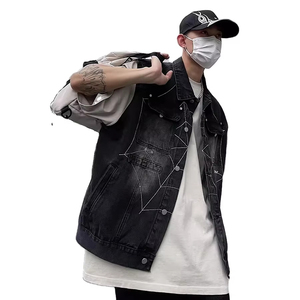 แจ็กเก็ตผ้ายีนส์ปักลายใยแมงมุมสำหรับผู้ชายเสื้อกั๊กแขนกุดโอเวอร์ไซส์กระดุมแถวเดียวเสื้อผ้าแนวสตรีท Y2k ย้อนยุค - Product Image 2