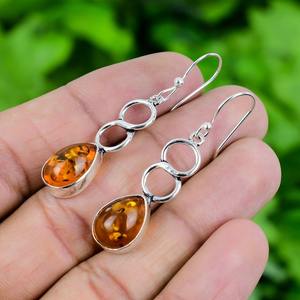 Boucles d'oreilles classiques faites à la main en argent massif 925 pour femmes, bijoux en argent sterling 925 avec pierre précieuse ambre, style bohème, cadeau pour sœur - Product Image 2