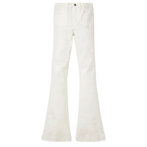 High Rise Flare <b>Jeans</b>, <b>White</b> <b>Stretch</b> Denim, Slim Fit Bootcut, Front Patch Pockets, Trendy Women's <b>Jeans</b>, Vintage Look - Product Image 1