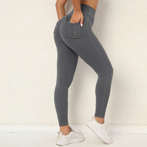 Femmes taille haute Cargo poche serrée Yoga Leggings sec course Fitness pantalon taille élastique solide bouton hanche Stretch Yoga pantalon - Product Image 4