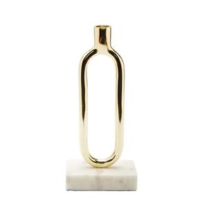 Marble & <b>Brass</b> Decorative <b>Candle</b> <b>Holder</b> with Cylindrical Metal Top and Round Veined Marble Base - Product Image 3