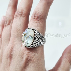 แหวนเงินแท้ 925 สำหรับผู้ชาย ประดับเปลือกหอยมุกอะบาโลนธรรมชาติ พร้อมพลอยประจำเดือนเกิด ทุกขนาด ของขวัญวันครบรอบแบบอาหรับ - Product Image 2