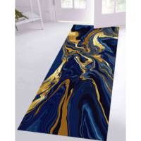 Marineblauer Marmor-Wollteppich mit Goldschimmer-Patchwork, Umweltfreundlich, Traditionell, Mittlere Dicke, Latex-Rückseite