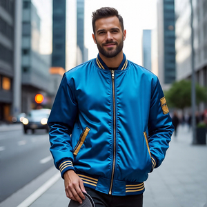 Chaquetas de bombardero de cuello redondo para hombre, venta al por mayor, chaqueta de bombardero de satén Varsity ligera para hombre, abrigo de bombardero con cremallera para exteriores para hombre - Product Image 4