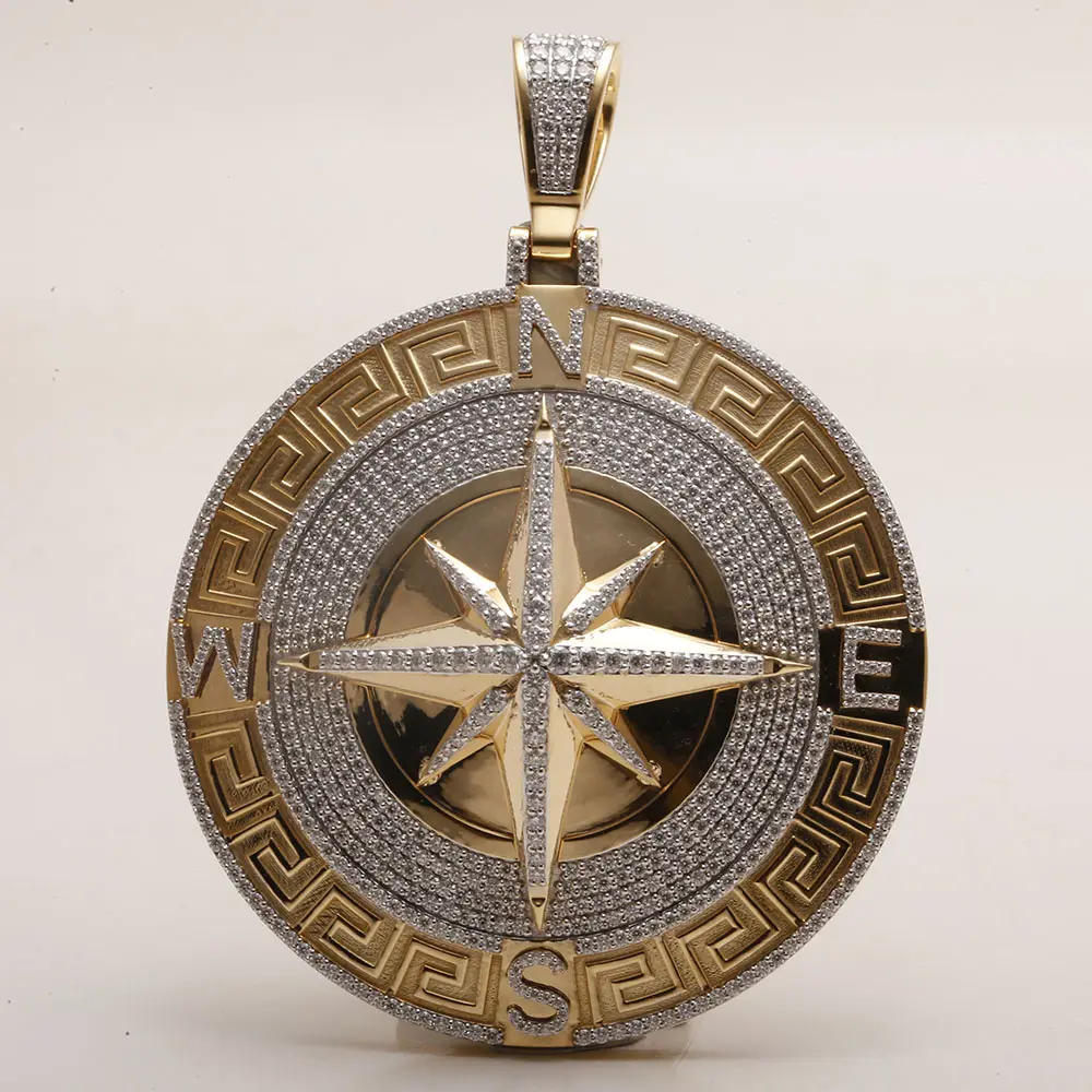 Kompas daun padat 2 MM klasik rantai buatan tangan Moissanite liontin berlian, perak murni Hiphop Moissanite liontin berlapis emas