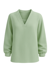 Tunique à manches longues en tricot gaufré confortable pour femmes, coupe décontractée, col en V, pull pour tous les jours, personnalisation du logo OEM/ODM - Product Image 4