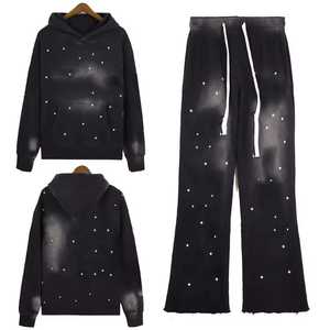 Ensemble de survêtement de haute qualité avec logo personnalisé, surdimensionné, effet délavé, strass, sweat-shirt, pantalon de jogging, ensembles de survêtement pour unisexe - Product Image 1