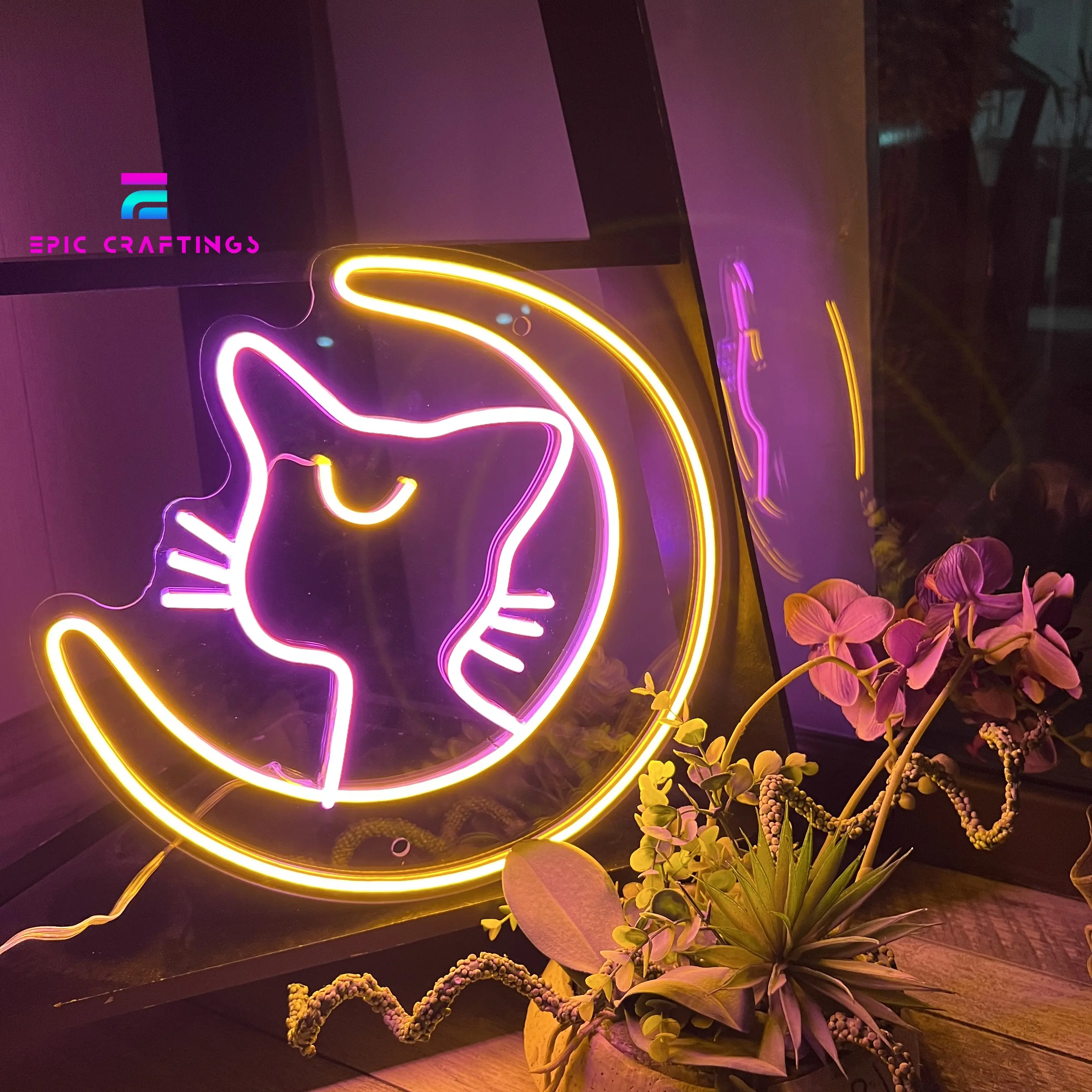 Cat and Moon Custom Neon Signs New Custom made Designs Acrylic Neon Signs for Wall backdrop and Indoor Home Decoration