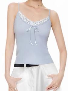 Camiseta sin mangas recortada con volantes de encaje con cuello en V de Corea para mujer de verano 2025 - Product Image 2