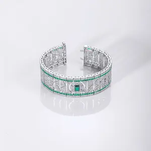 Exclusive Art Deco Emerald-Cut Lab-Created Emerald Double <b>Row</b> Bracelet Sterling Silver Real Gemstone Jewelry - Product Image 6