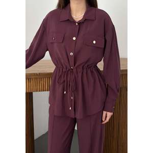 Plum Button Detailed Shirt and Ribbed <b>Trousers</b> Set - Plum - Product Image 4
