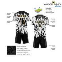 Uniforme de Fútbol Personalizado con Impresión por Transferencia de Calor en Blanco/Negro-Oro Antiguo, Paneles de Malla Ventilada, Nombre del Jugador, Números del Equipo, 100% Personalizado