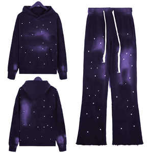 Chándal lavado con ácido pesado para adultos Ropa de invierno con detalle de diamantes de imitación transpirable Conjunto de estilo de patrón sólido de talla grande - Product Image 6