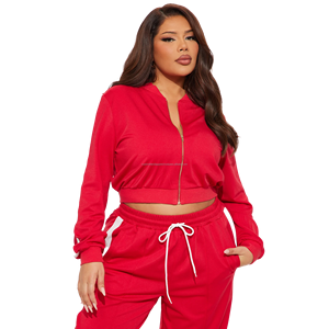 Ensemble de survêtement d'entraînement pour femme, style vintage décontracté, hiver, uni, avec logo personnalisé brodé, taille plus, sweat-shirt court et pantalon de survêtement évasé, 100% - Product Image 2