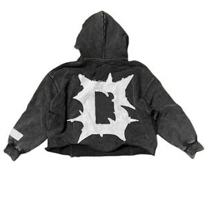 No Pocket Sun Faded Cut <b>Edge</b> Custom Acid Wash Cropped Hoodies Men Raw Hem Applique Distressed Patch Embroidery Hoodies - Product Image 1