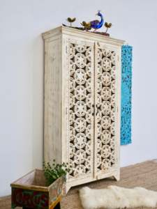 Gabinete de almacenamiento para dormitorio con compartimentos grandes, muebles de madera de mango macizo indio tallados a mano - Product Image 2
