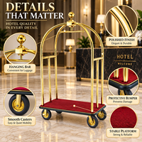 Bellboy Gepäckwagen mit Goldkugel-Endstück, Edelstahl, Roter Teppich Plattform, 8 Zoll Leise Laufrollen, Hotel-Lobby-Service