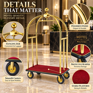 Carrello Portabagagli Bellboy con Terminale a Sfera Dorata, Piattaforma in Acciaio Inossidabile per Tappeti Rossi, Ruote Silenziose da 8 Pollici per Servizio Hotel e Lobby - Product Image 1